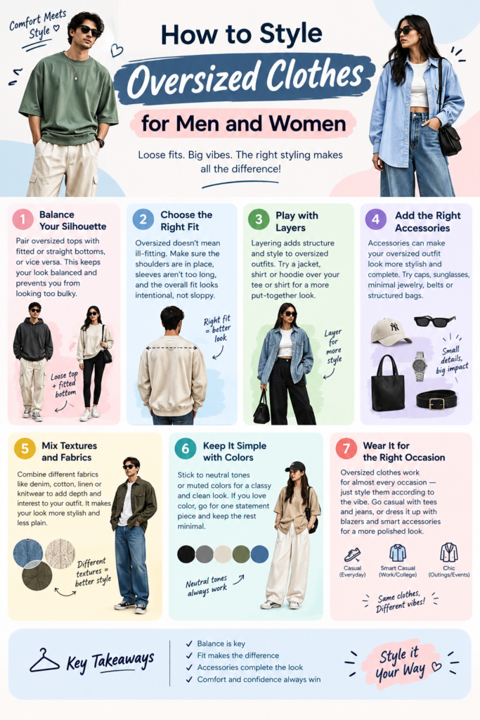 How to Style Oversized Clothes for Men and Women – infographic featuring 7 styling tips, oversized outfit ideas, layering, accessories, and casual streetwear looks.