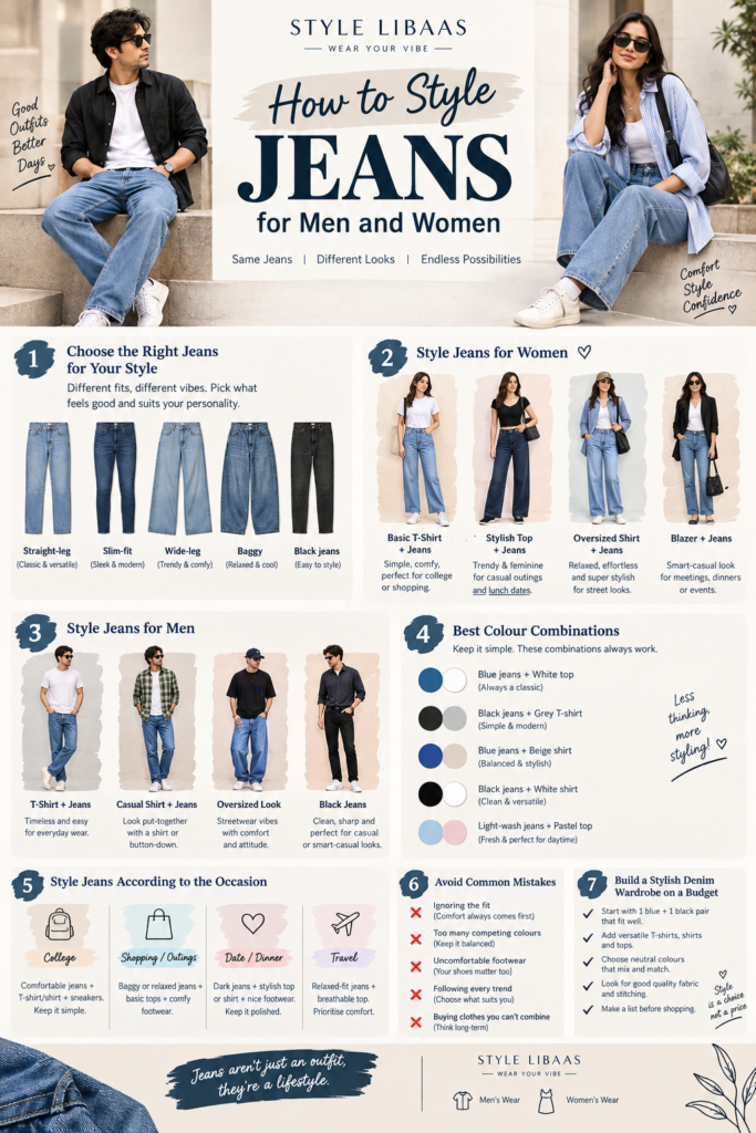 How to style jeans for men and women. denim outfit ideas, stylish tips, and trendy casual looks.